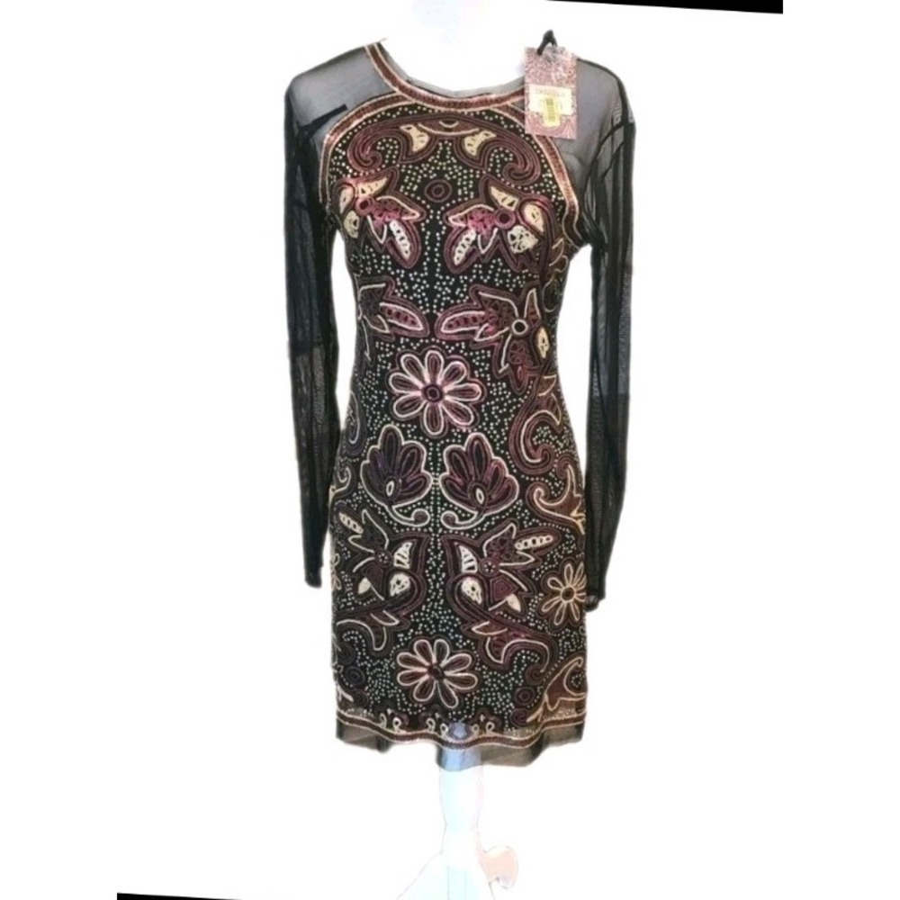 NWT Chelsea Violet Dress L Sequins Stretch Sheer Sleeves Cocktail Parties Events